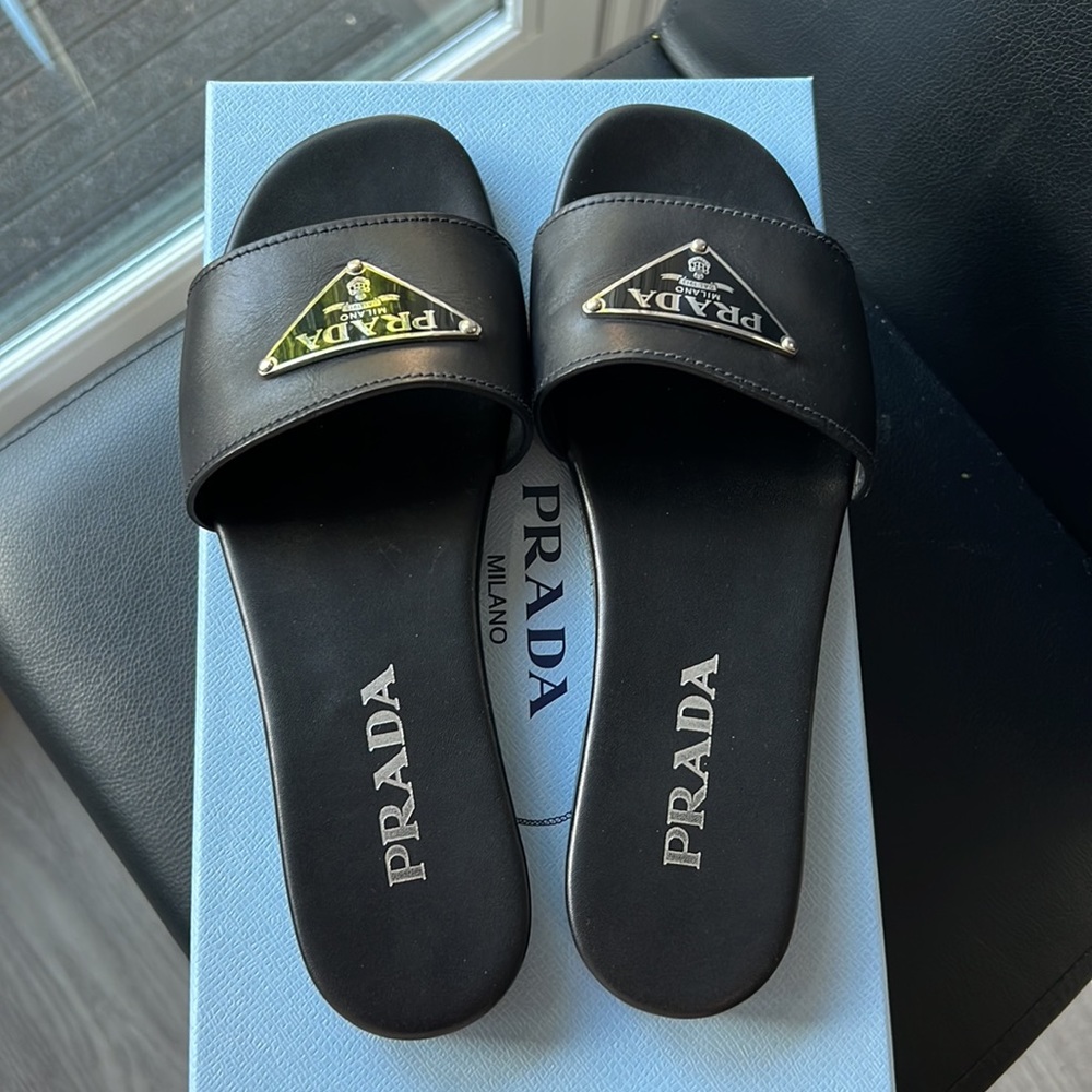 Prada triangle Logo Slide Sandal size 37